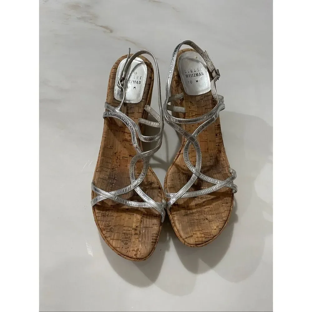 Stuart Weitzman Leather T Silver Strap Wedge Sandals size 10